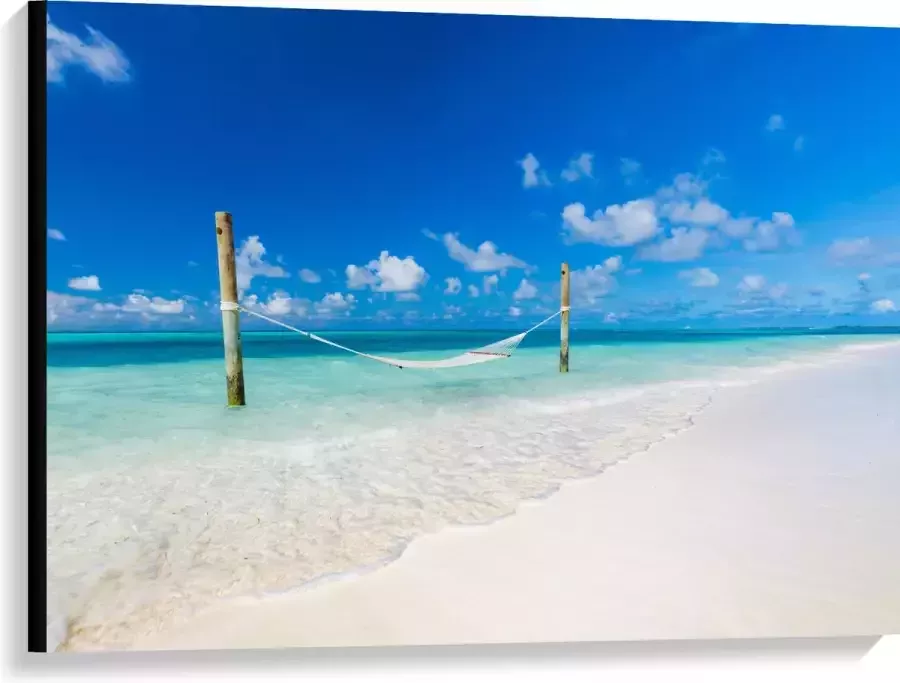 Canvas Hangmat boven Aankomende Golven op Wit Tropisch Strand 100x75 cm Foto op Canvas Schilderij (Wanddecoratie op Canvas)