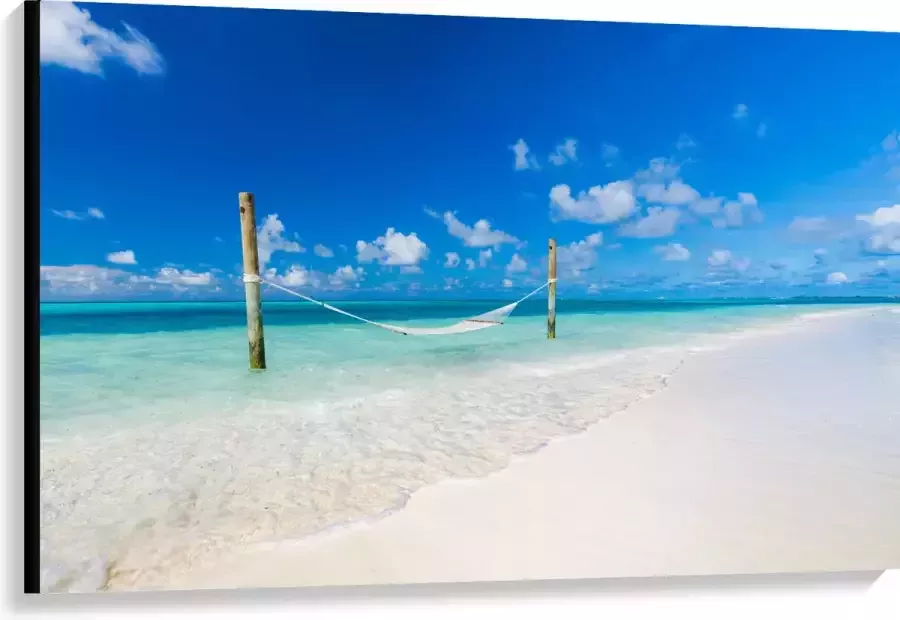 Canvas Hangmat boven Aankomende Golven op Wit Tropisch Strand 120x80 cm Foto op Canvas Schilderij (Wanddecoratie op Canvas)