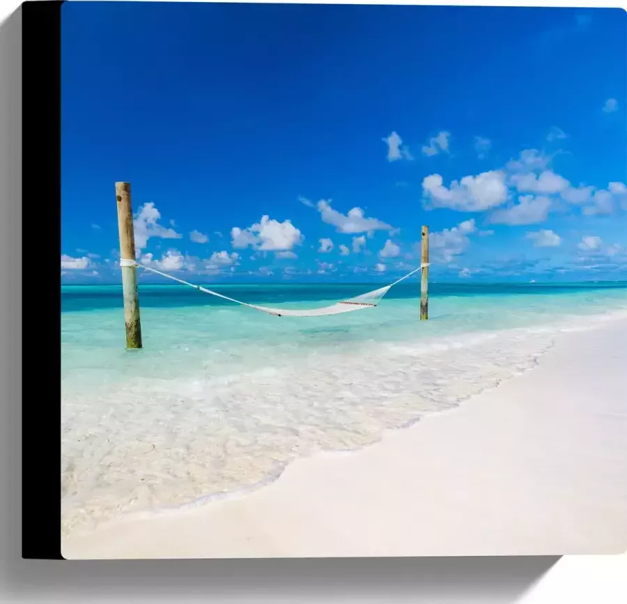Canvas Hangmat boven Aankomende Golven op Wit Tropisch Strand 30x30 cm Foto op Canvas Schilderij (Wanddecoratie op Canvas)