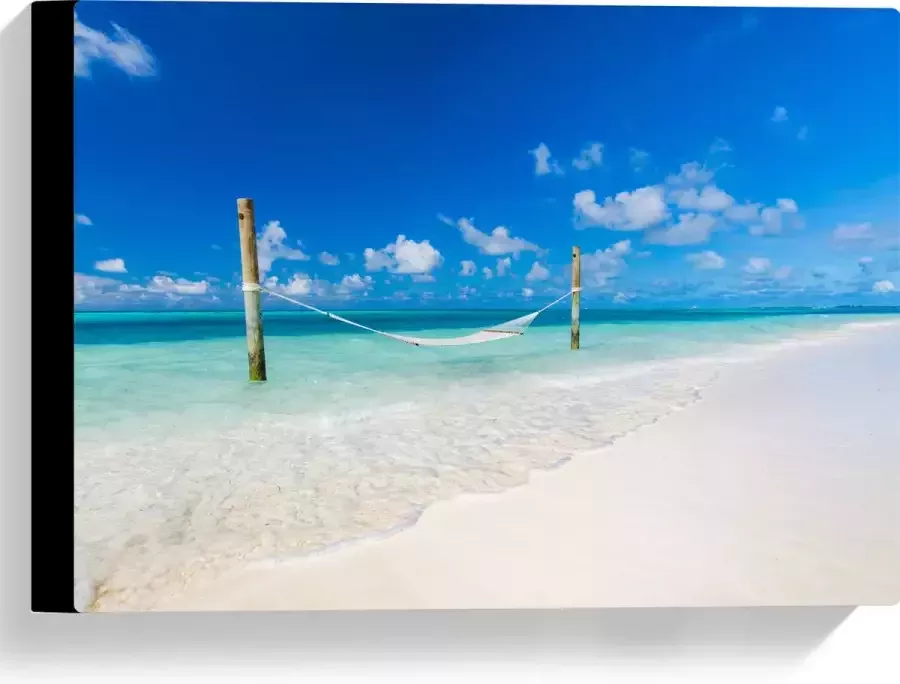 Canvas Hangmat boven Aankomende Golven op Wit Tropisch Strand 40x30 cm Foto op Canvas Schilderij (Wanddecoratie op Canvas)