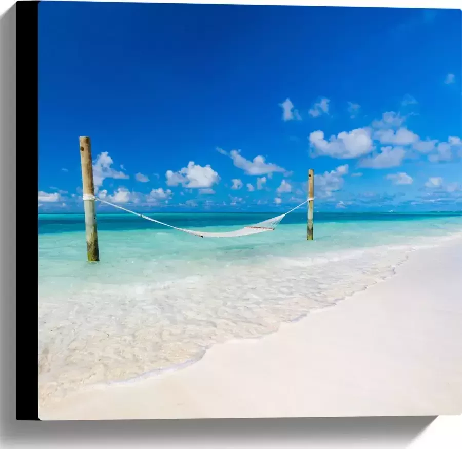 Canvas Hangmat boven Aankomende Golven op Wit Tropisch Strand 40x40 cm Foto op Canvas Schilderij (Wanddecoratie op Canvas)