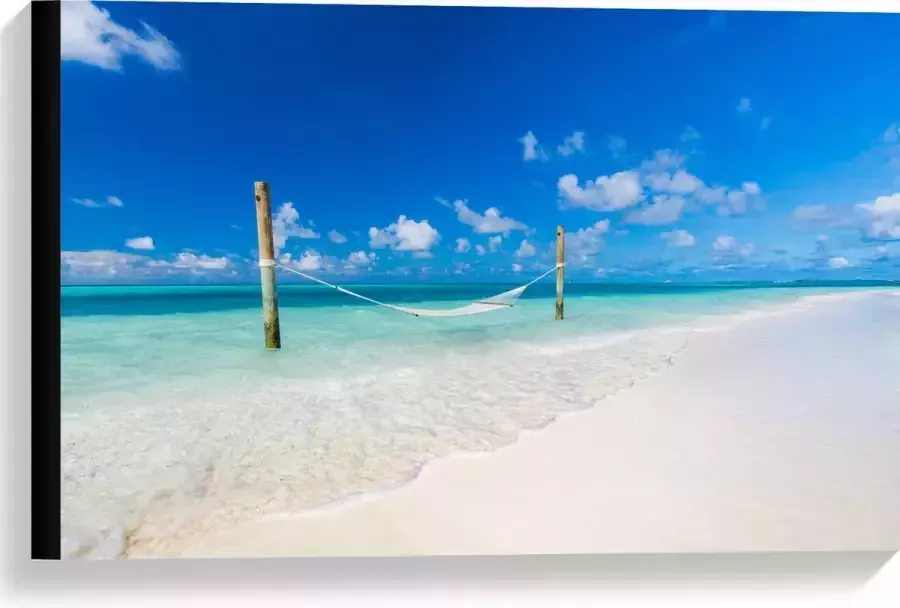 Canvas Hangmat boven Aankomende Golven op Wit Tropisch Strand 60x40 cm Foto op Canvas Schilderij (Wanddecoratie op Canvas)