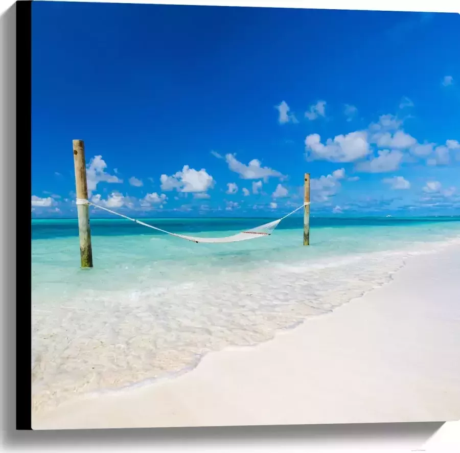 Canvas Hangmat boven Aankomende Golven op Wit Tropisch Strand 60x60 cm Foto op Canvas Schilderij (Wanddecoratie op Canvas)