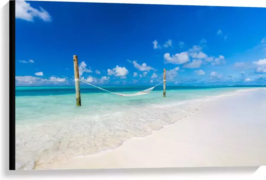 Canvas Hangmat boven Aankomende Golven op Wit Tropisch Strand 90x60 cm Foto op Canvas Schilderij (Wanddecoratie op Canvas)