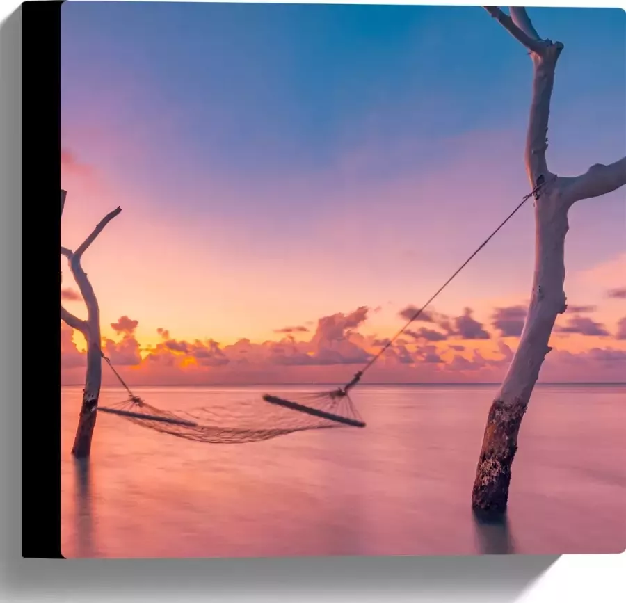 Canvas Hangmat tussen Kale Takken in de Zee tijdens Zonsondergang 30x30 cm Foto op Canvas Schilderij (Wanddecoratie op Canvas)