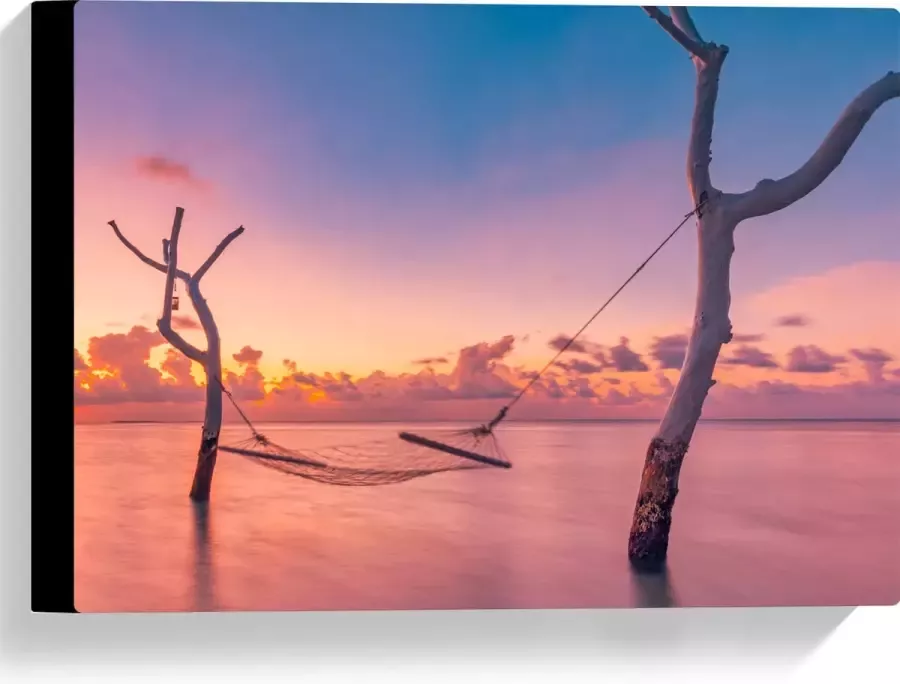 Canvas Hangmat tussen Kale Takken in de Zee tijdens Zonsondergang 40x30 cm Foto op Canvas Schilderij (Wanddecoratie op Canvas)