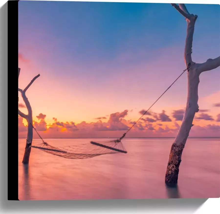 Canvas Hangmat tussen Kale Takken in de Zee tijdens Zonsondergang 40x40 cm Foto op Canvas Schilderij (Wanddecoratie op Canvas)