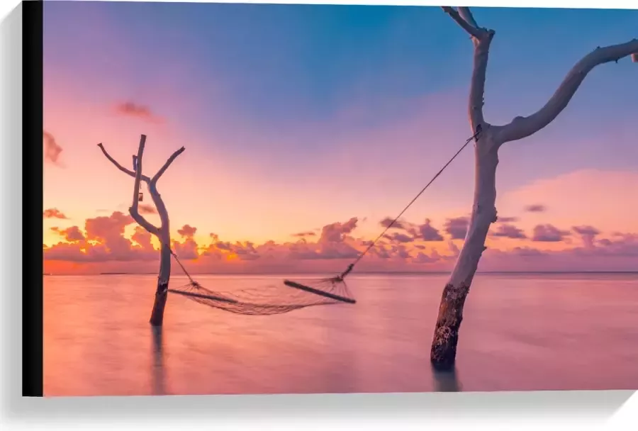 Canvas Hangmat tussen Kale Takken in de Zee tijdens Zonsondergang 60x40 cm Foto op Canvas Schilderij (Wanddecoratie op Canvas)