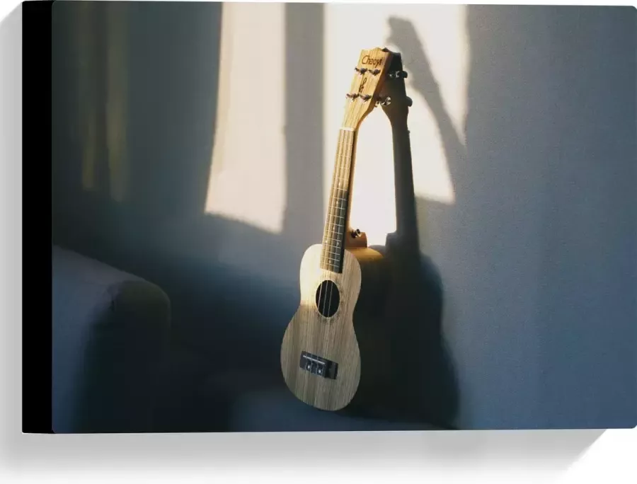 Canvas Houten Gitaar op Rand van Bank 40x30 cm Foto op Canvas Schilderij (Wanddecoratie op Canvas)