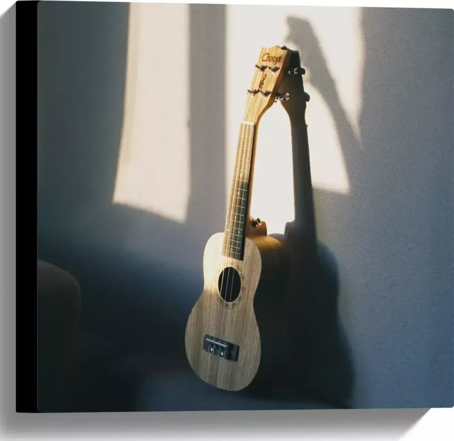 Canvas Houten Gitaar op Rand van Bank 40x40 cm Foto op Canvas Schilderij (Wanddecoratie op Canvas)