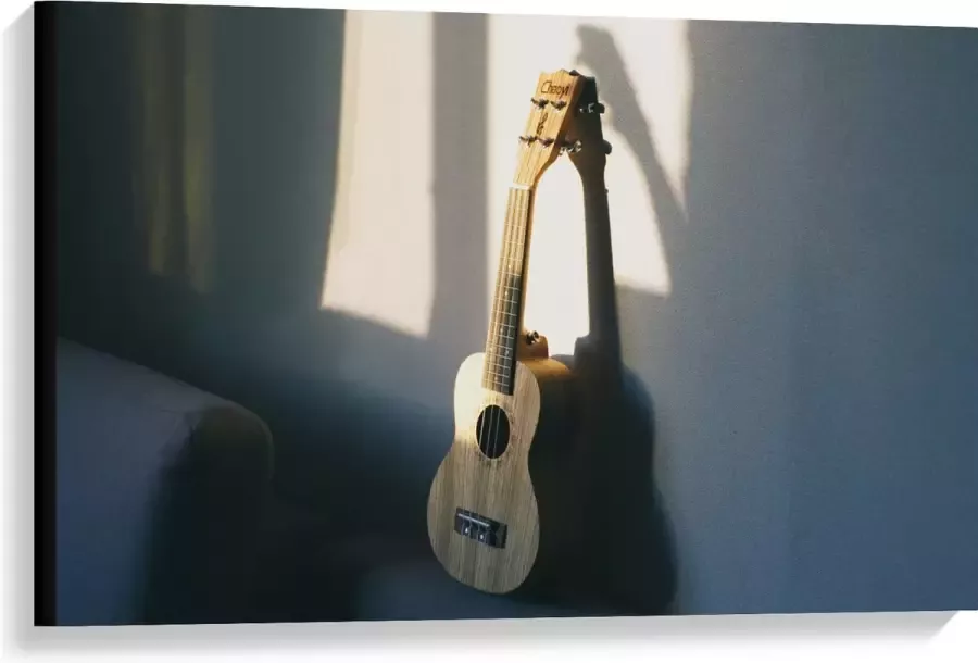 Canvas Houten Gitaar op Rand van Bank 90x60 cm Foto op Canvas Schilderij (Wanddecoratie op Canvas)