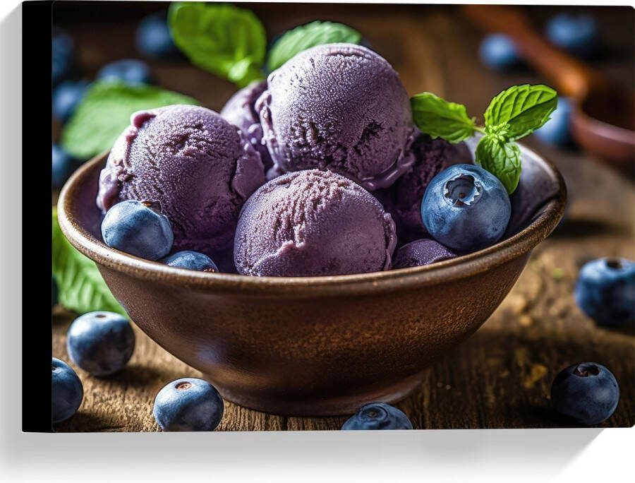 Canvas Ijs Bolletjes Bosbessen Fruit Blauw Paars Bakje Tafel Hout 40x30 cm Foto op Canvas Schilderij (Wanddecoratie op Canvas)