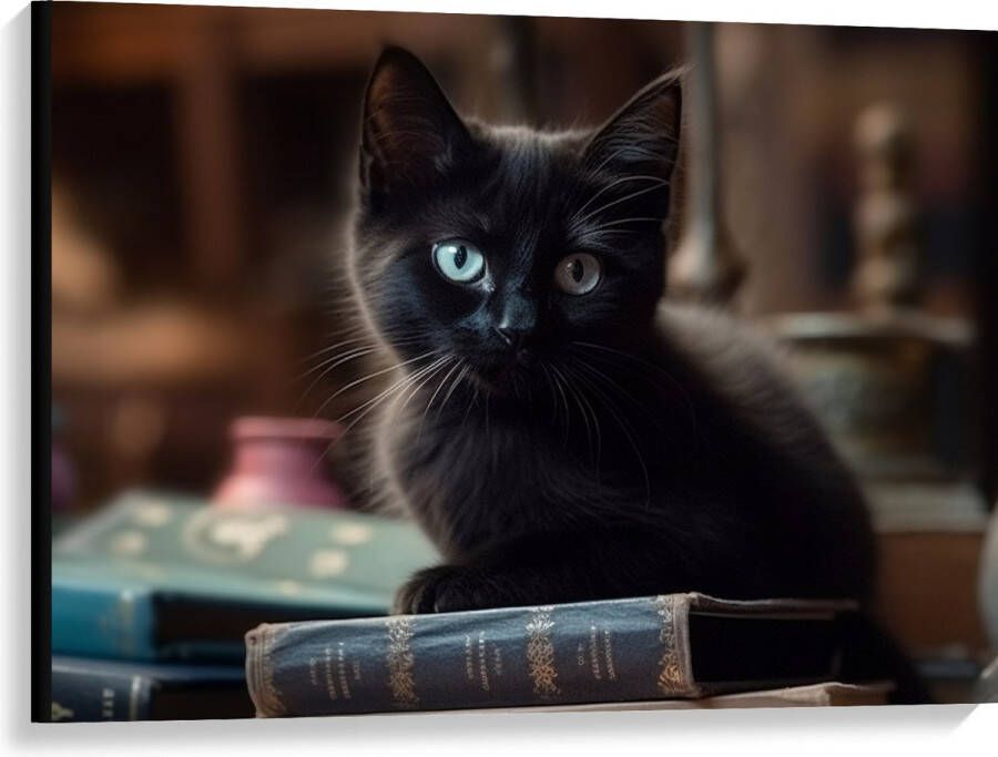Canvas Kitten Dier Tafel Boeken Zwart 100x75 cm Foto op Canvas Schilderij (Wanddecoratie op Canvas)