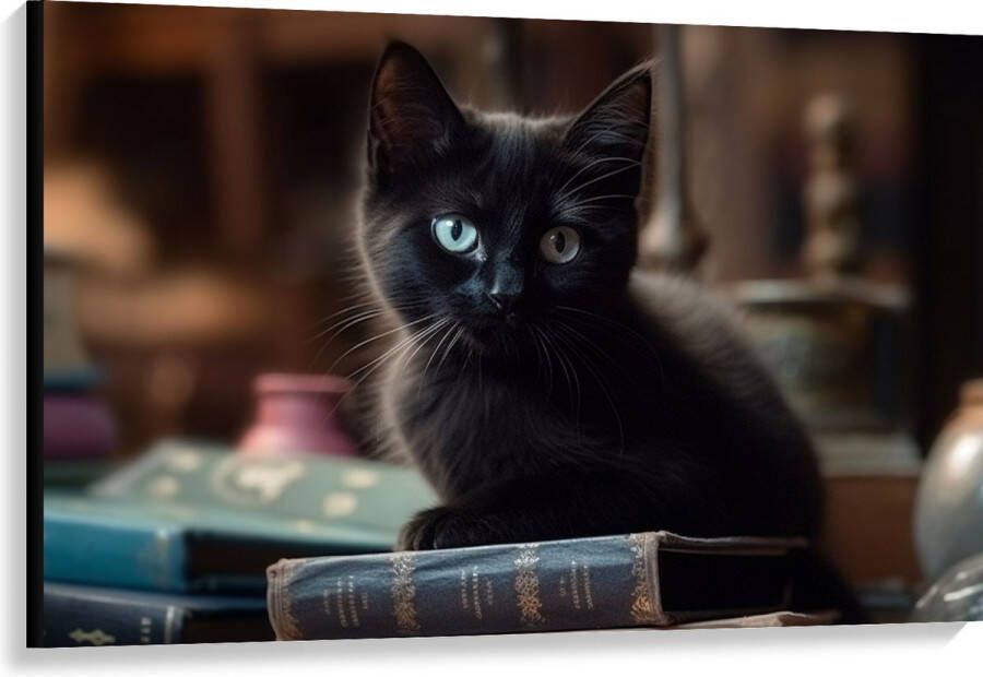 Canvas Kitten Dier Tafel Boeken Zwart 120x80 cm Foto op Canvas Schilderij (Wanddecoratie op Canvas)