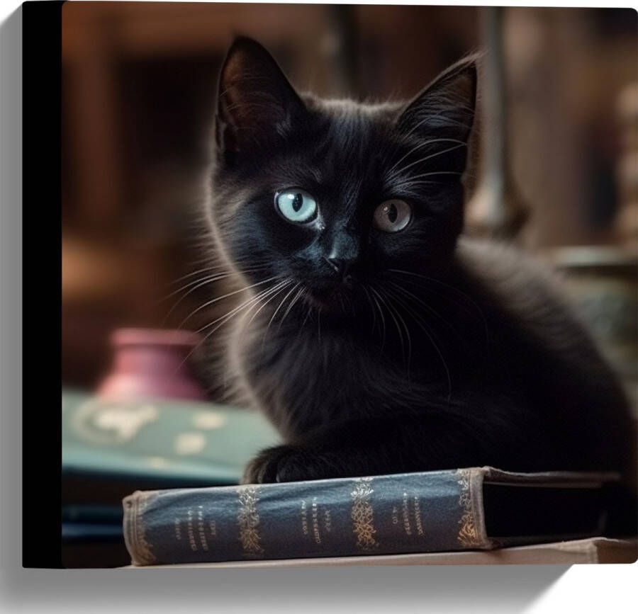 Canvas Kitten Dier Tafel Boeken Zwart 30x30 cm Foto op Canvas Schilderij (Wanddecoratie op Canvas)