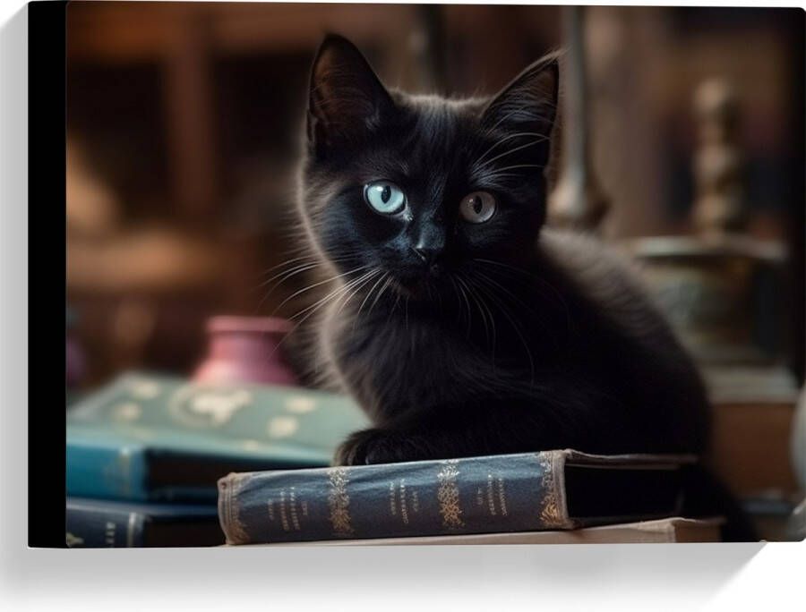Canvas Kitten Dier Tafel Boeken Zwart 40x30 cm Foto op Canvas Schilderij (Wanddecoratie op Canvas)