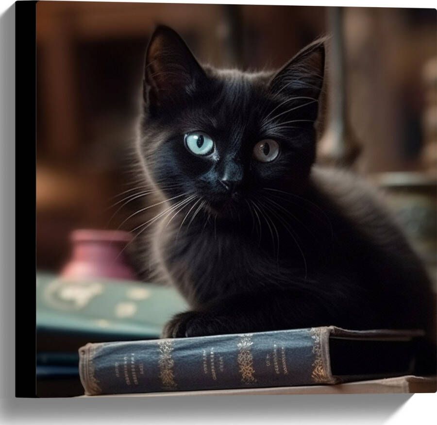 Canvas Kitten Dier Tafel Boeken Zwart 40x40 cm Foto op Canvas Schilderij (Wanddecoratie op Canvas)