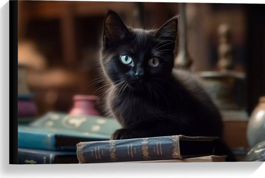 Canvas Kitten Dier Tafel Boeken Zwart 60x40 cm Foto op Canvas Schilderij (Wanddecoratie op Canvas)