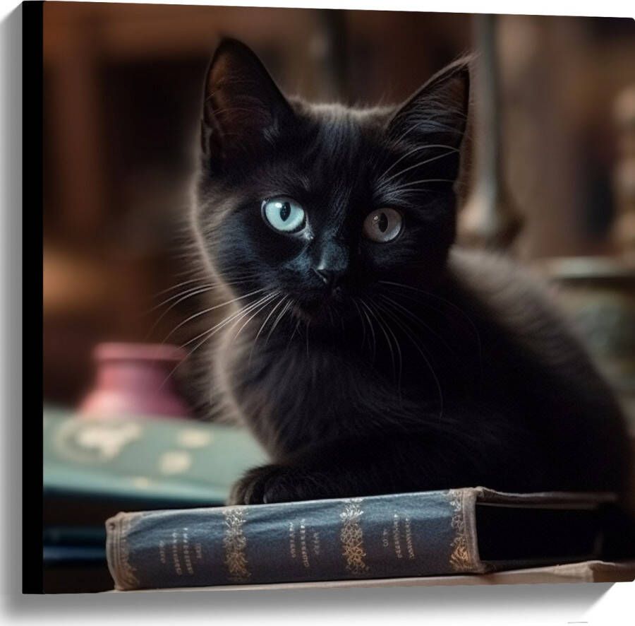 Canvas Kitten Dier Tafel Boeken Zwart 60x60 cm Foto op Canvas Schilderij (Wanddecoratie op Canvas)