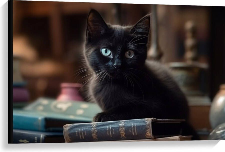 Canvas Kitten Dier Tafel Boeken Zwart 90x60 cm Foto op Canvas Schilderij (Wanddecoratie op Canvas)