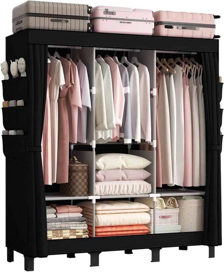 Canvas kledingkast 172 x 130 x 45 cm voor slaapkamer Nieuw basic design met 2 hangstangen en 18 zijvakken Voordelige vouwkast in zwart