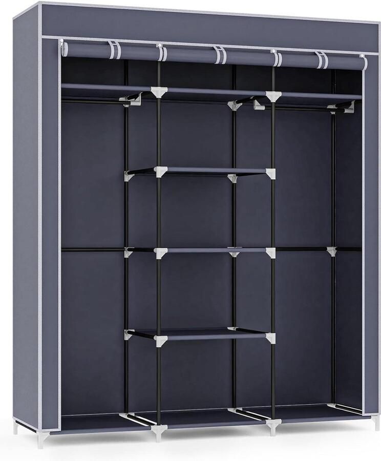 Canvas Kledingkast Organiser 175 x 150 x 45 cm Grijsblauw met 2 Kledingstangen Kledingkast