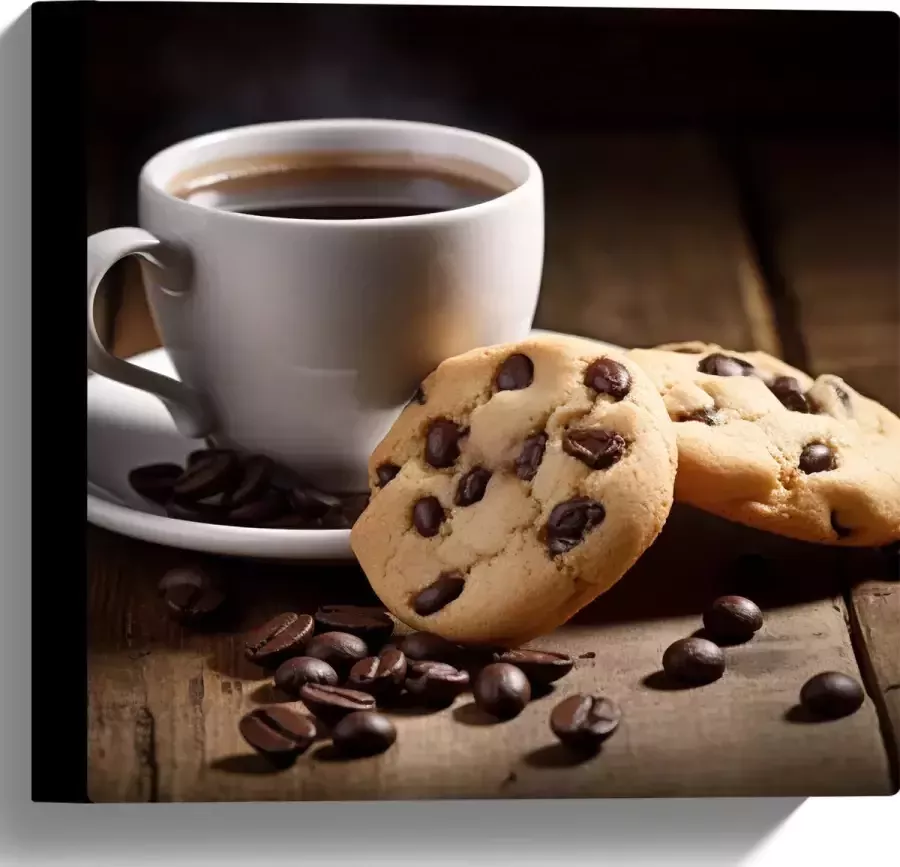 Canvas Kop Koffie met Verse Koekjes op Houten Tafel 30x30 cm Foto op Canvas Schilderij (Wanddecoratie op Canvas)