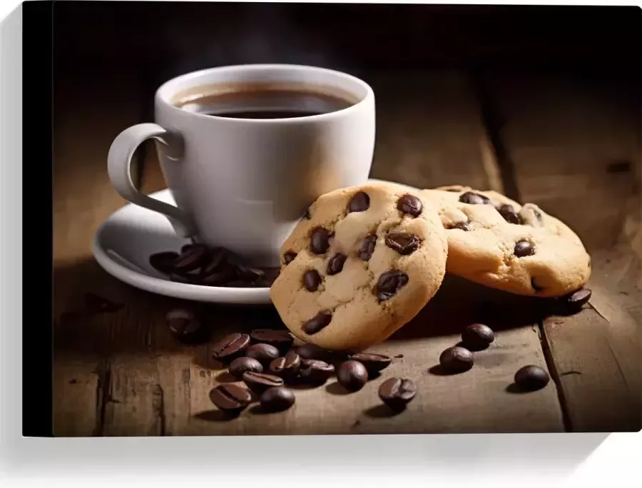 Canvas Kop Koffie met Verse Koekjes op Houten Tafel 40x30 cm Foto op Canvas Schilderij (Wanddecoratie op Canvas)