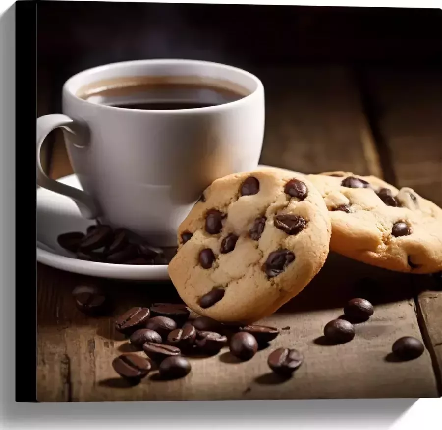 Canvas Kop Koffie met Verse Koekjes op Houten Tafel 40x40 cm Foto op Canvas Schilderij (Wanddecoratie op Canvas)