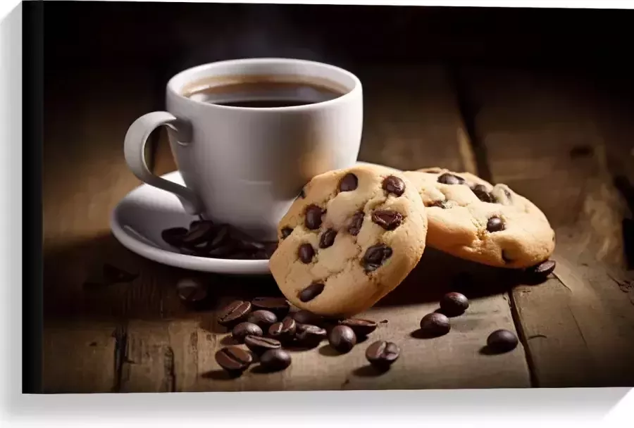 Canvas Kop Koffie met Verse Koekjes op Houten Tafel 60x40 cm Foto op Canvas Schilderij (Wanddecoratie op Canvas)
