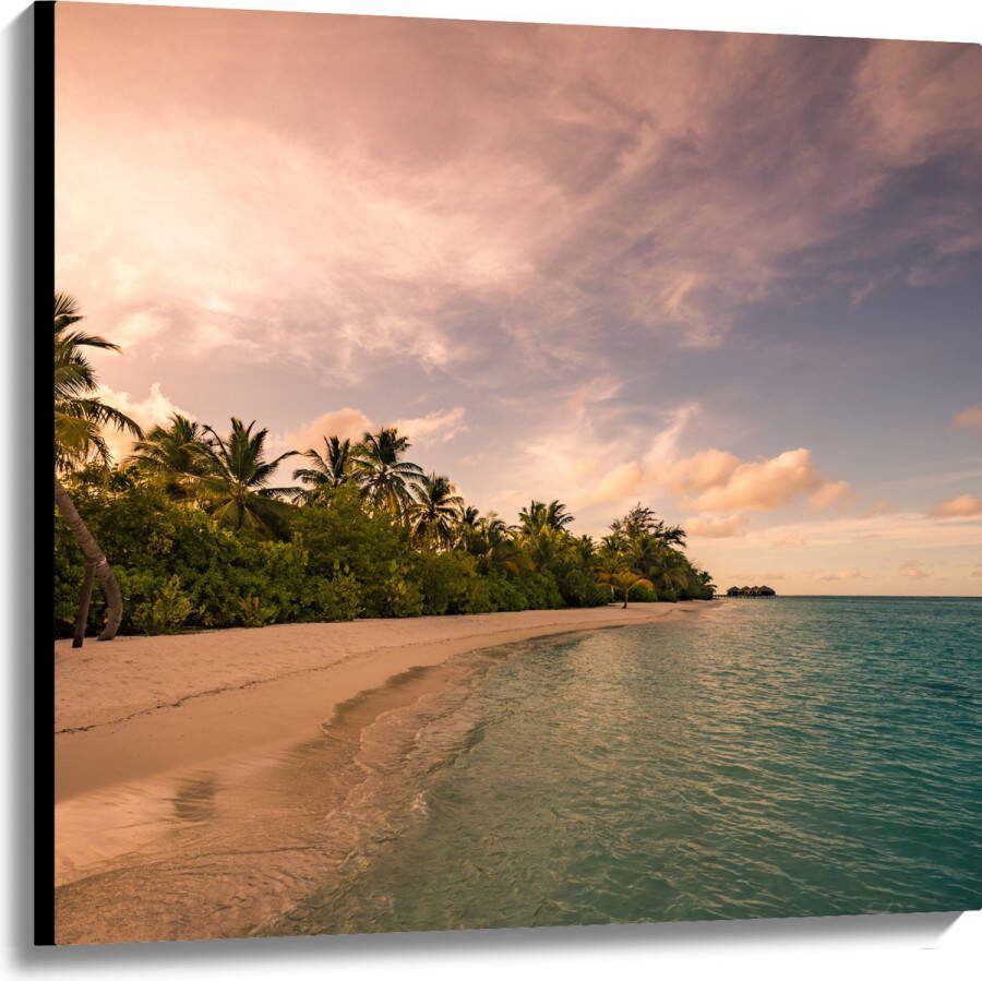 Canvas Ligbed aan Palmboom op Strand van Onbewoond Eiland 100x100 cm Foto op Canvas Schilderij (Wanddecoratie op Canvas)