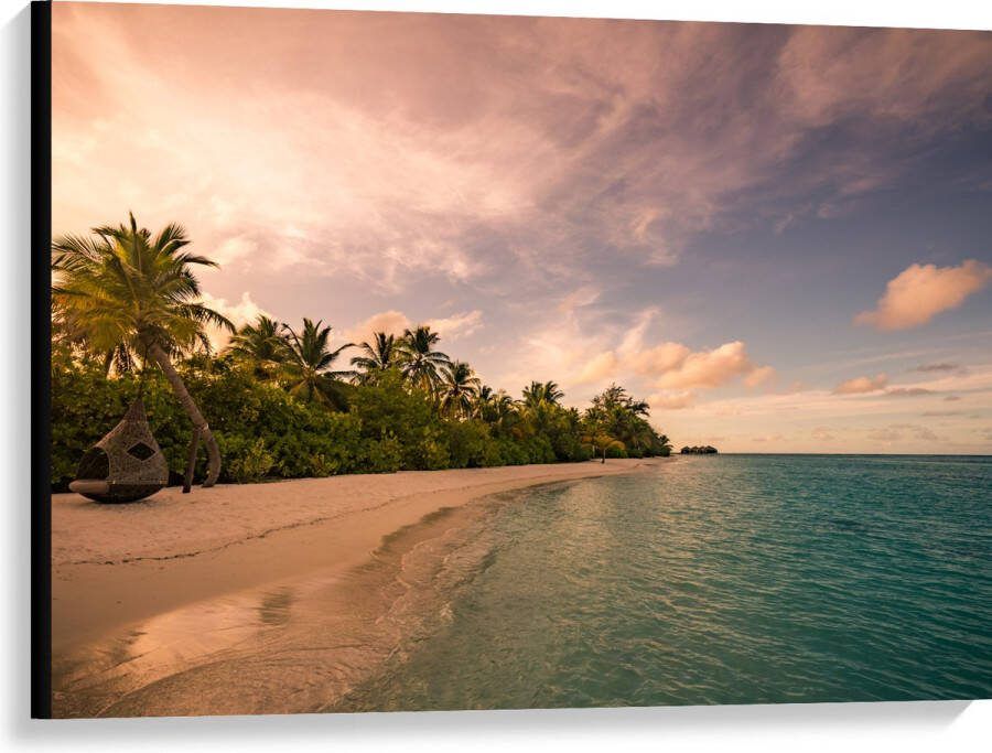 Canvas Ligbed aan Palmboom op Strand van Onbewoond Eiland 100x75 cm Foto op Canvas Schilderij (Wanddecoratie op Canvas)
