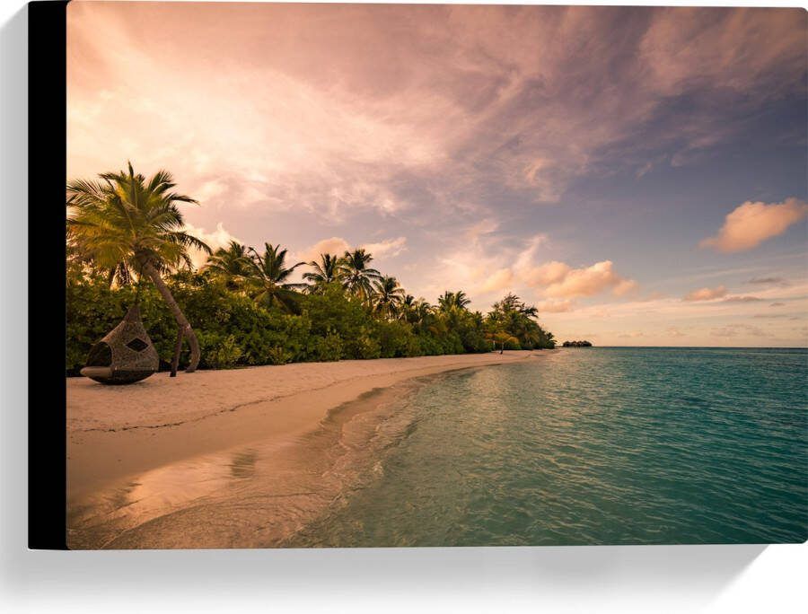 Canvas Ligbed aan Palmboom op Strand van Onbewoond Eiland 40x30 cm Foto op Canvas Schilderij (Wanddecoratie op Canvas)