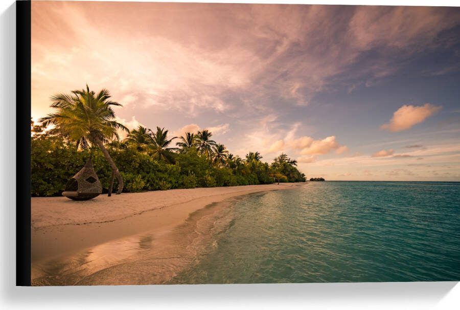 Canvas Ligbed aan Palmboom op Strand van Onbewoond Eiland 60x40 cm Foto op Canvas Schilderij (Wanddecoratie op Canvas)