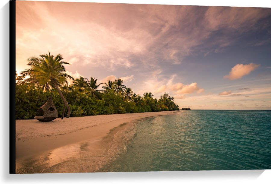 Canvas Ligbed aan Palmboom op Strand van Onbewoond Eiland 90x60 cm Foto op Canvas Schilderij (Wanddecoratie op Canvas)