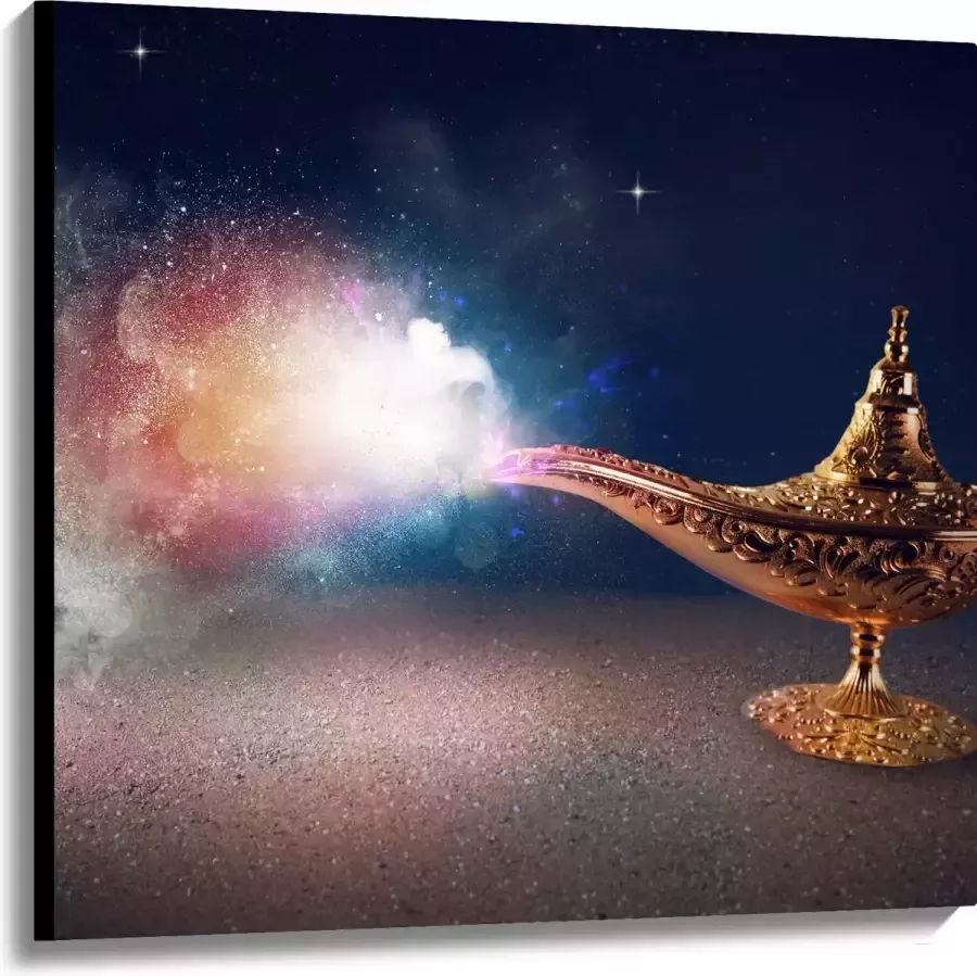 Canvas Magische Gouden Lamp met Kleurrijke Rook 100x100 cm Foto op Canvas Schilderij (Wanddecoratie op Canvas)