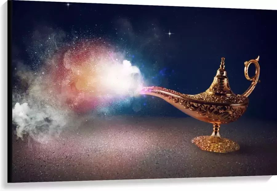 Canvas Magische Gouden Lamp met Kleurrijke Rook 120x80 cm Foto op Canvas Schilderij (Wanddecoratie op Canvas)