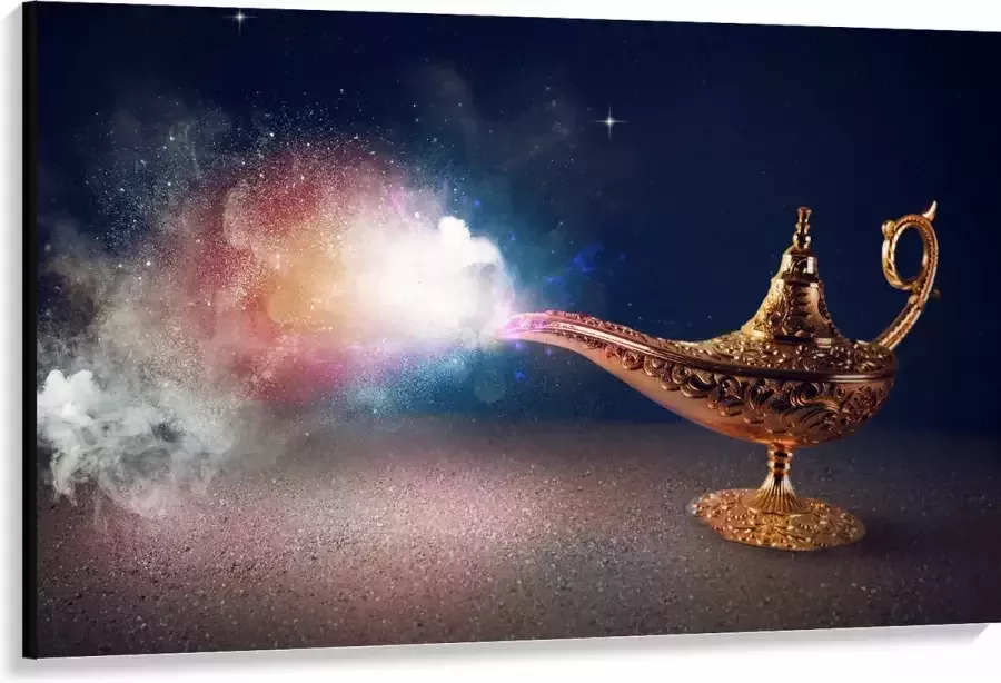 Canvas Magische Gouden Lamp met Kleurrijke Rook 150x100 cm Foto op Canvas Schilderij (Wanddecoratie op Canvas)