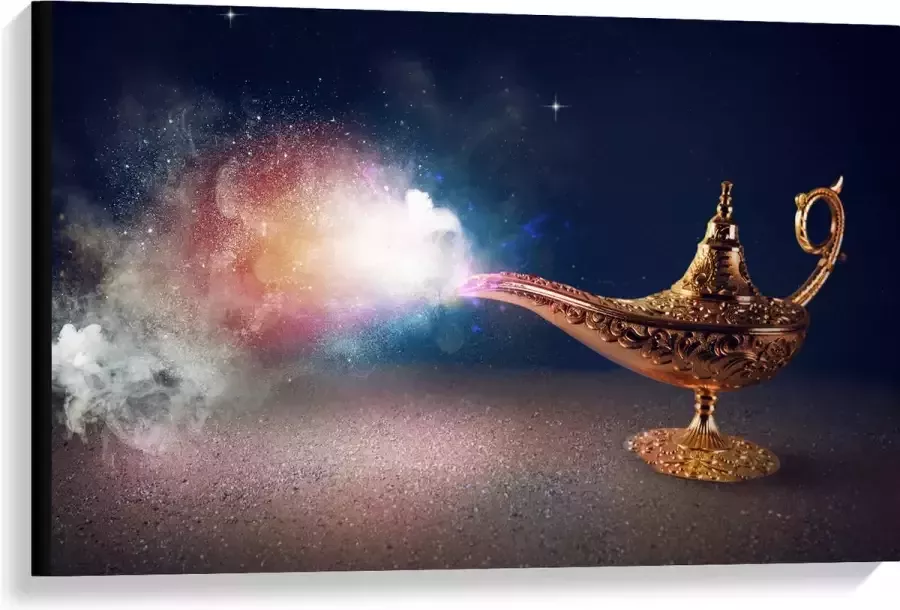 Canvas Magische Gouden Lamp met Kleurrijke Rook 90x60 cm Foto op Canvas Schilderij (Wanddecoratie op Canvas)