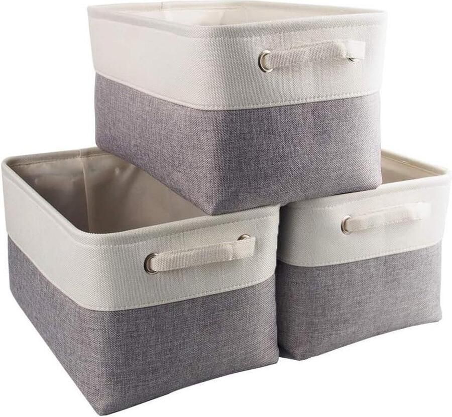Canvas Opbergdoos 3 stuks stoffen opbergmand kasten planken kleding speelgoed medium grijs-wit opvouwbaar Wicker Storage Basket (2-5)