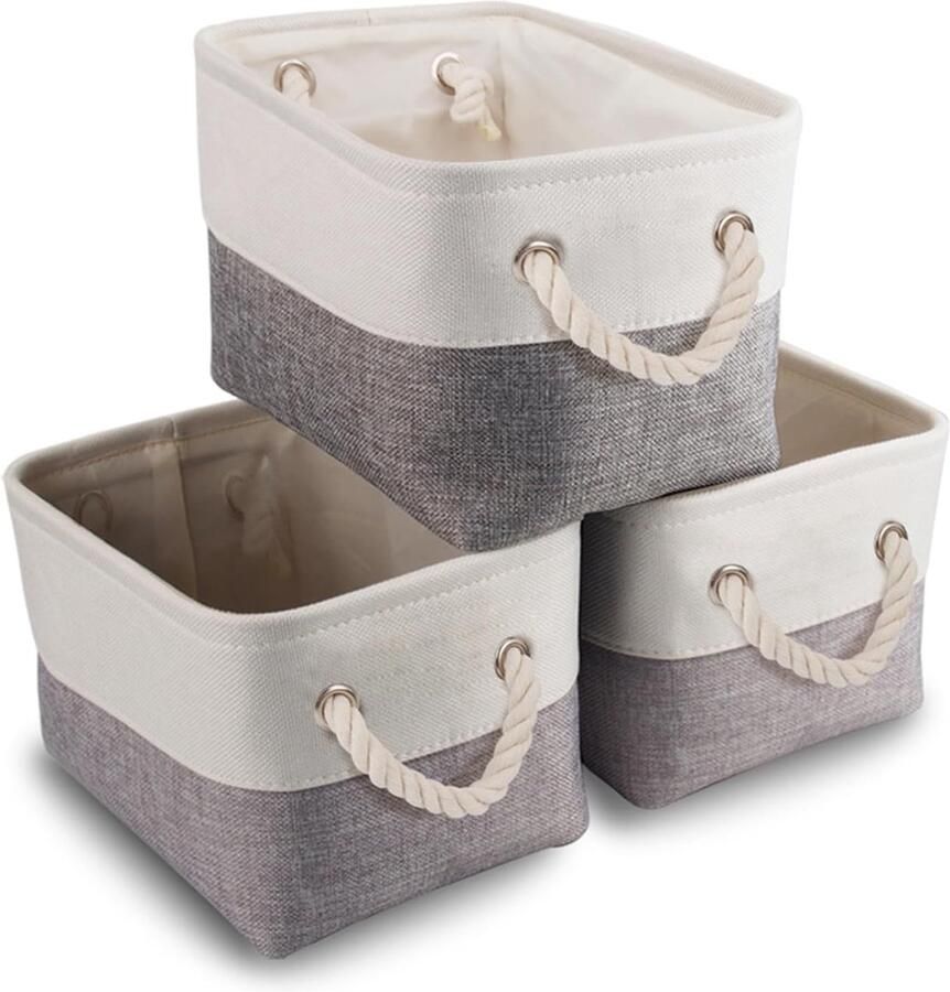 Canvas Opbergdoos Set van 3 Opvouwbare Stoffen Opbergmanden met Handgrepen voor Kasten Kledingkast Planken Kleding Speelgoed Handdoek Badkamer Grijs Wit