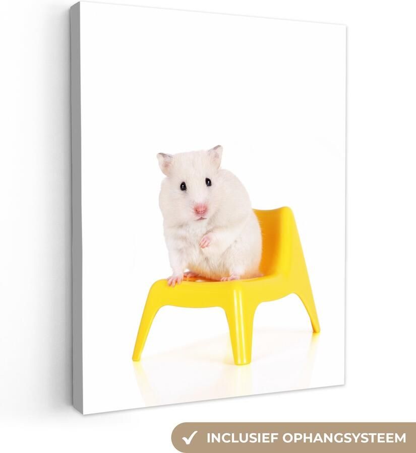 Canvas schilderij 90x120 cm Wanddecoratie Witte hamster op een gele stoel Muurdecoratie woonkamer Slaapkamer decoratie Kamer accessoires Schilderijen op canvas - Foto 2