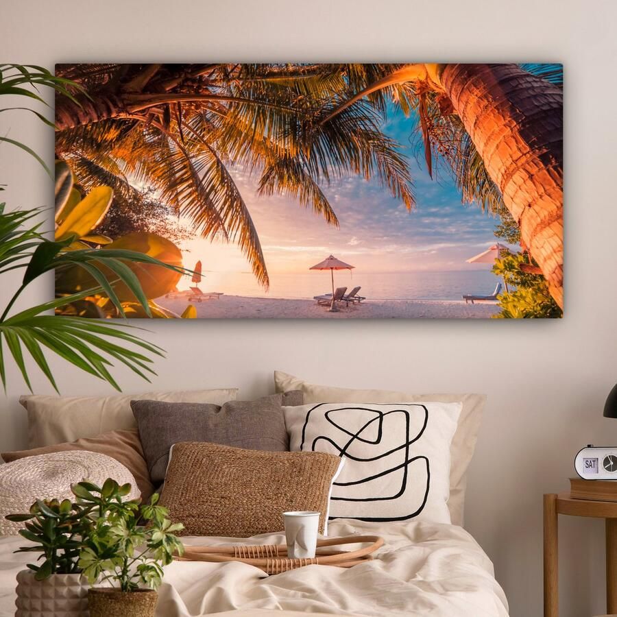 OneMillionCanvasses Canvas schilderij 160x80 cm Wanddecoratie Parasol Stoelen Strand Muurdecoratie woonkamer Slaapkamer decoratie Kamer accessoires Schilderijen - Foto 2