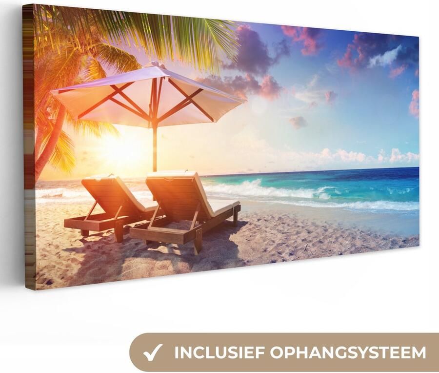 OneMillionCanvasses Canvas schilderij 160x80 cm Wanddecoratie Parasol Stoelen Strand Muurdecoratie woonkamer Slaapkamer decoratie Kamer accessoires Schilderijen - Foto 3