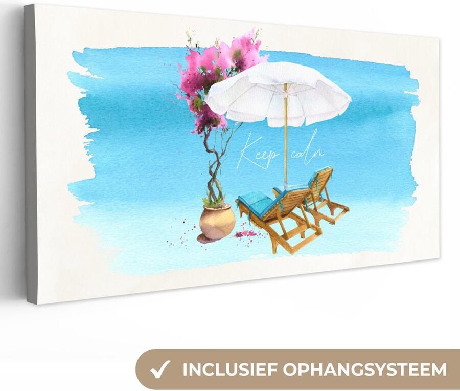 OneMillionCanvasses Canvas schilderij 160x80 cm Wanddecoratie Strandstoel Parasol Bloemen Aquarel Muurdecoratie woonkamer Slaapkamer decoratie Kamer accessoires Schilderijen - Foto 2