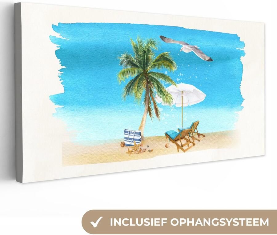 OneMillionCanvasses Canvas schilderij 160x80 cm Wanddecoratie Strandstoel Parasol Vogel Waterverf Muurdecoratie woonkamer Slaapkamer decoratie Kamer accessoires Schilderijen - Foto 2