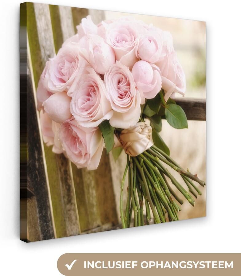 Canvas schilderij 50x50 cm Wanddecoratie Een boeket van roze rozen op een houten bank Muurdecoratie woonkamer Slaapkamer decoratie Kamer accessoires Schilderijen op canvas - Foto 2