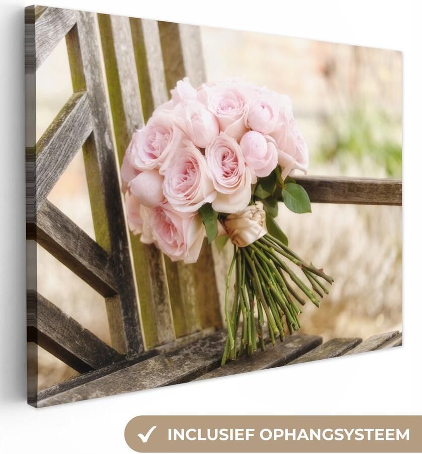 OneMillionCanvasses Canvas schilderij 160x120 cm Wanddecoratie Een boeket van roze rozen op een houten bank Muurdecoratie woonkamer Slaapkamer decoratie Kamer accessoires Schilderijen - Foto 2