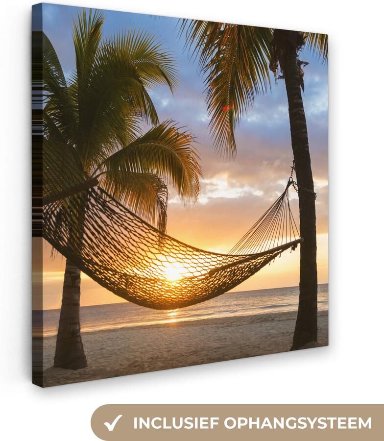 Canvas schilderij 50x50 cm Wanddecoratie Hangmat op het Caribische strand Muurdecoratie woonkamer Slaapkamer decoratie Kamer accessoires Schilderijen op canvas