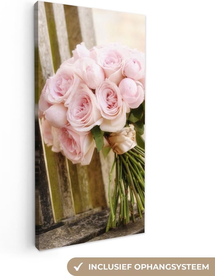 OneMillionCanvasses Canvas schilderij 80x160 cm Wanddecoratie Een boeket van roze rozen op een houten bank Muurdecoratie woonkamer Slaapkamer decoratie Kamer accessoires Schilderijen - Foto 2